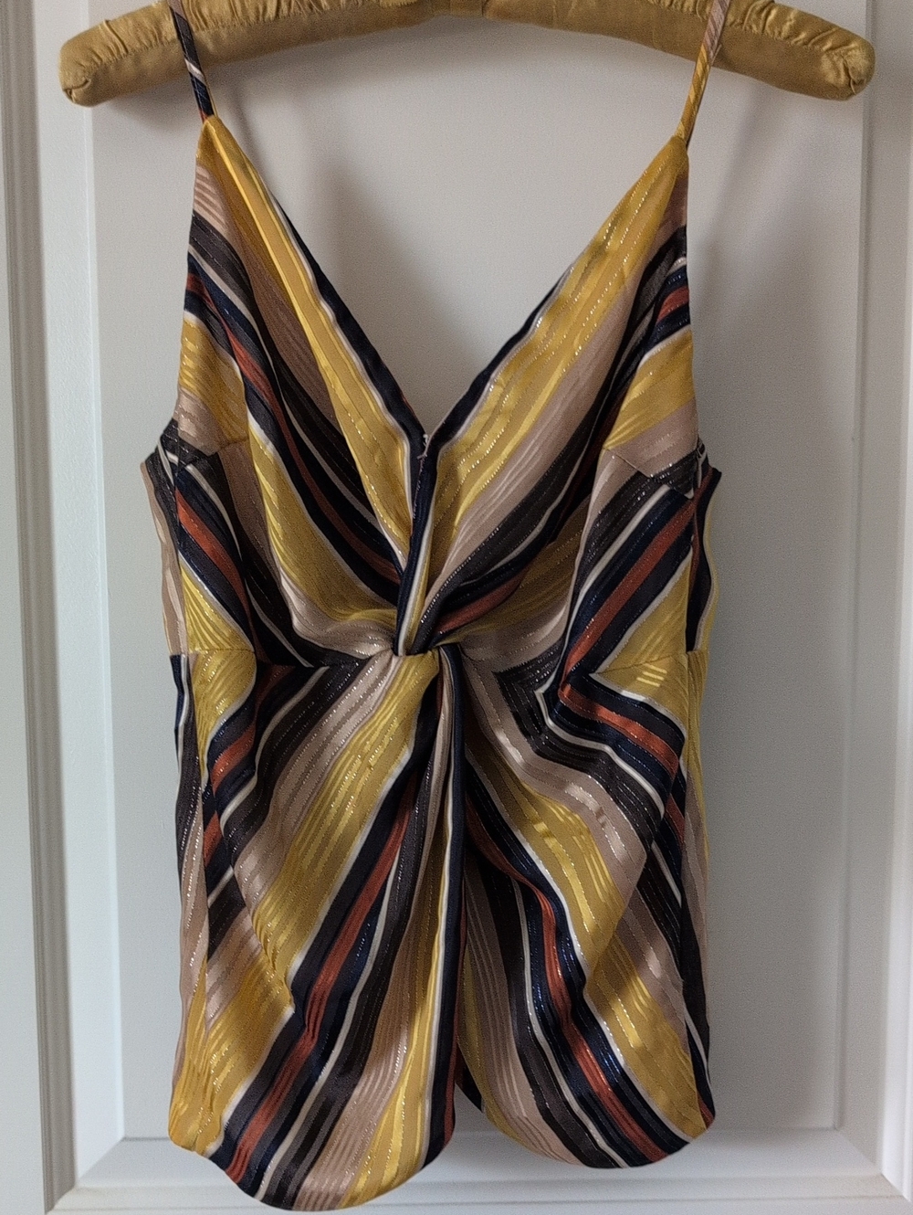 Miss Me Twist-Front Striped Cami in Yellow, Black, Brown and Cream